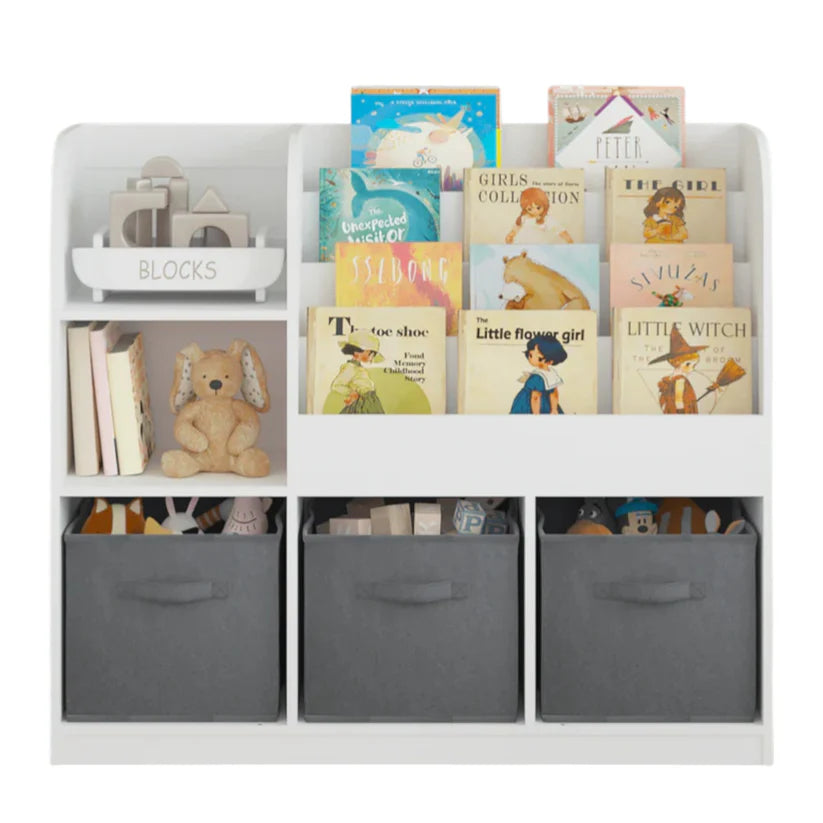 Gyerek könyvtartó állvány tárolódobozokkal - Fehér-antracit (92 x 30 x 80 cm)