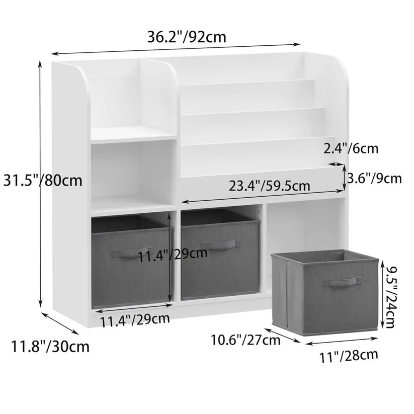 Gyerek könyvtartó állvány tárolódobozokkal - Fehér-antracit (92 x 30 x 80 cm)