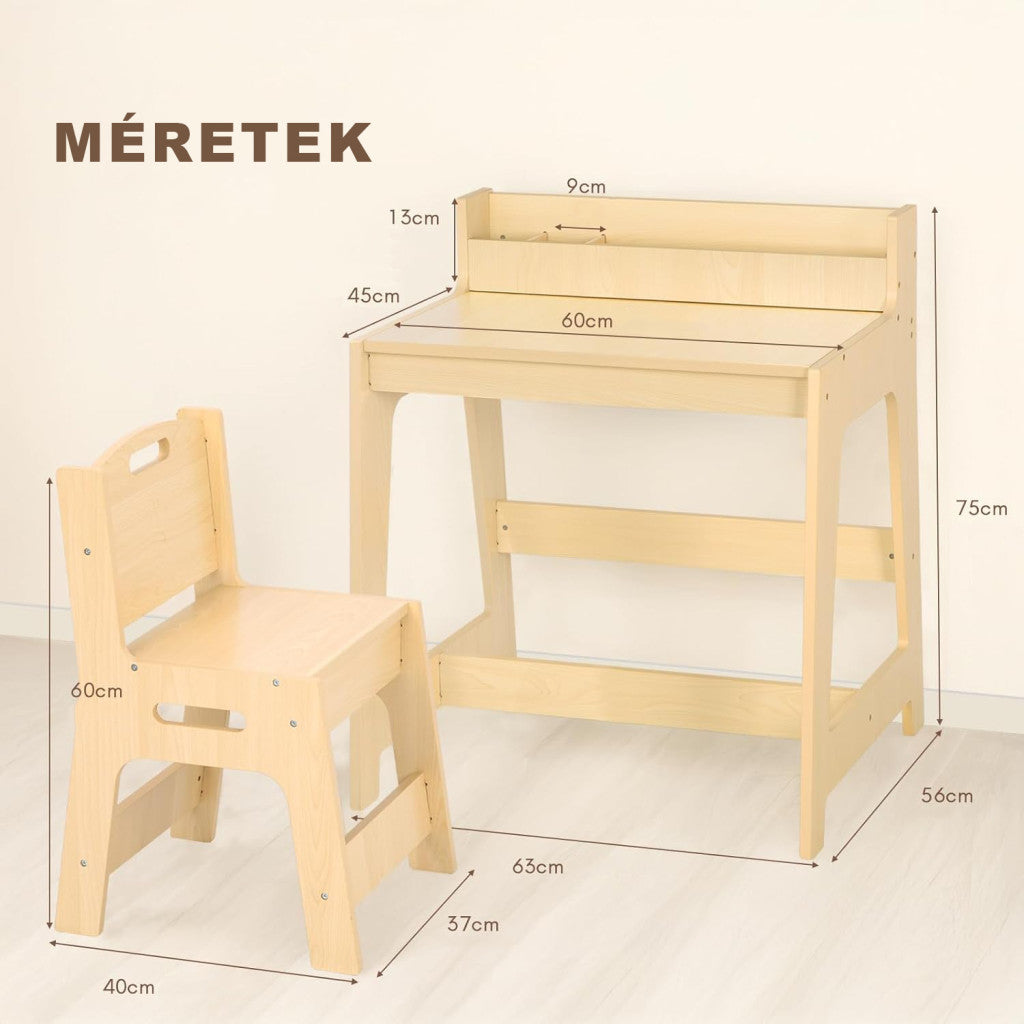 Gyerek íróasztal székkel – natúr fa, tárolóval (82,5 x 9,5 x 63,5 cm)