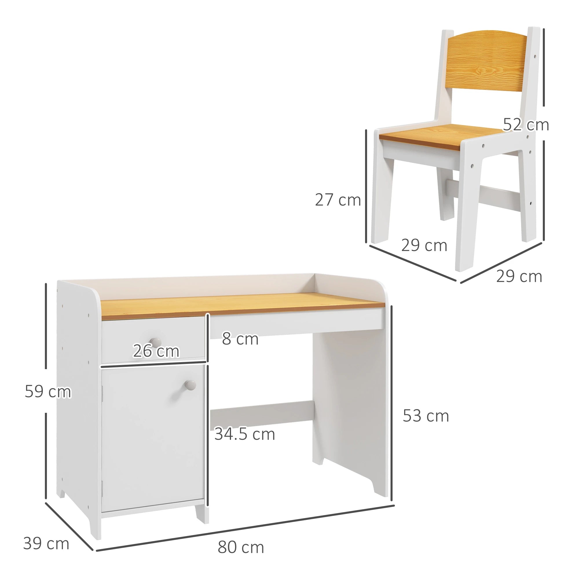 Gyerek íróasztal székkel – fehér és fa, fiókos szekrénnyel és asztali tárolóval (80 x 39 x 59 cm)