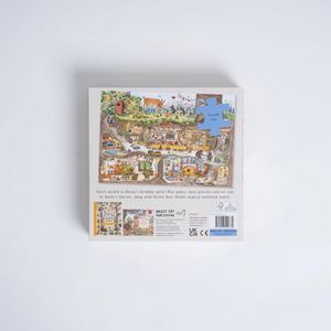 Részletgazdag illusztrált puzzle erdei születésnapi jelenettel doboz hátulnézetből
