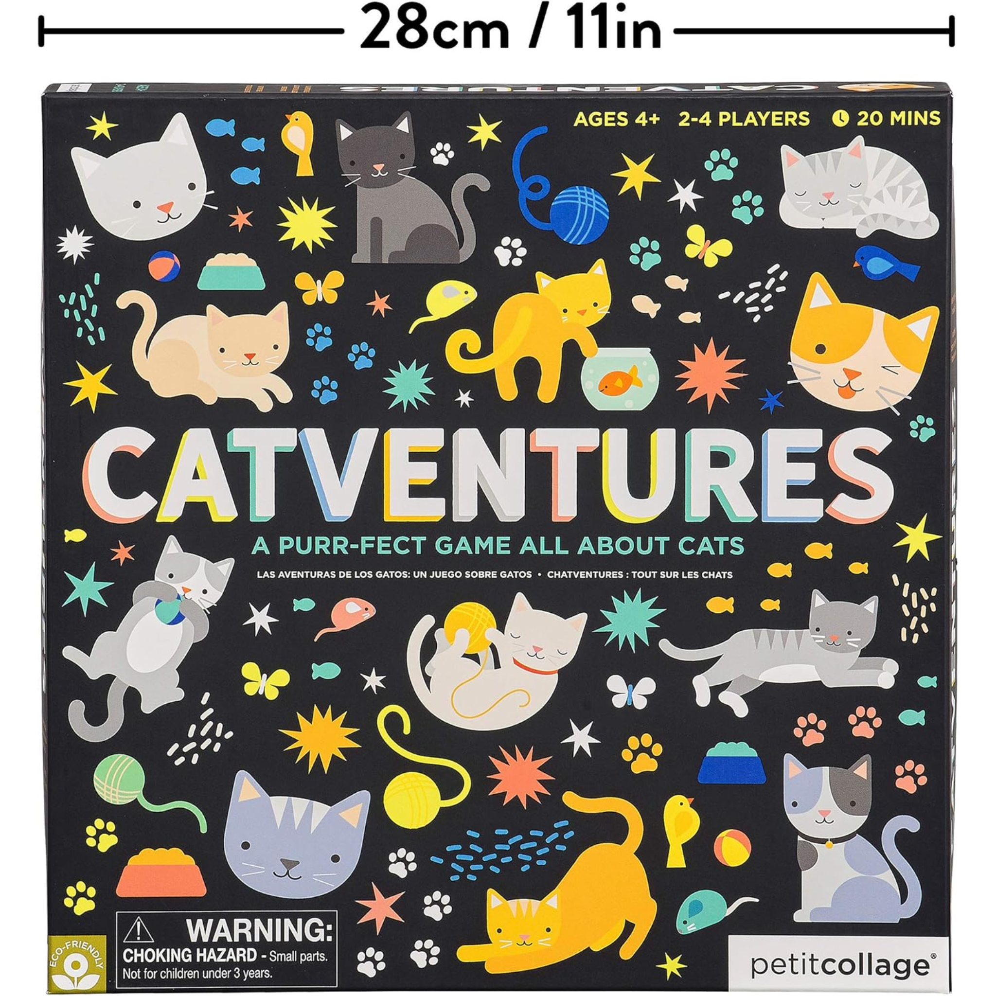 Petit Collage Catventures cicás társasjáték gyerekeknek és családoknak termékdoboz méretekkel