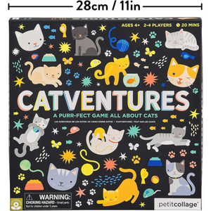 Petit Collage Catventures cicás társasjáték gyerekeknek és családoknak termékdoboz méretekkel