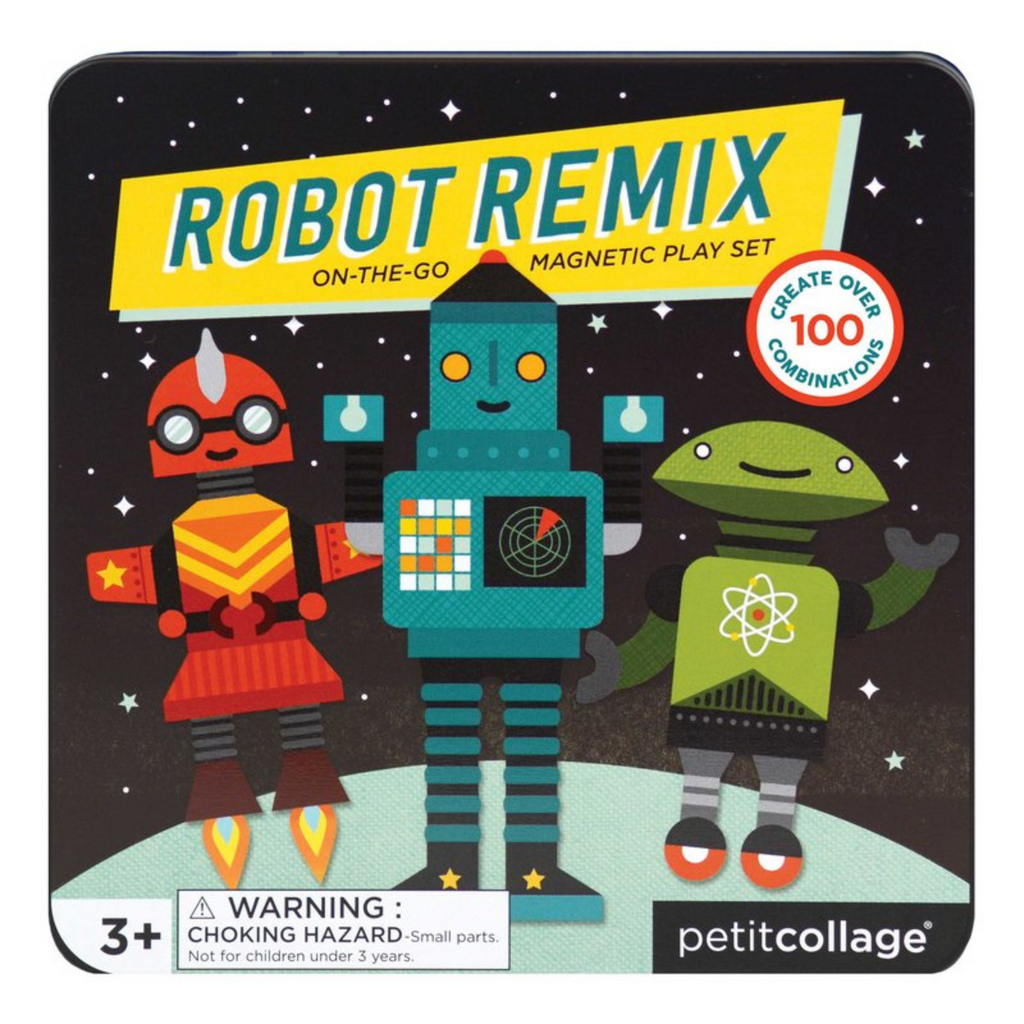 Petit Collage robotos mágneses úti játék doboza