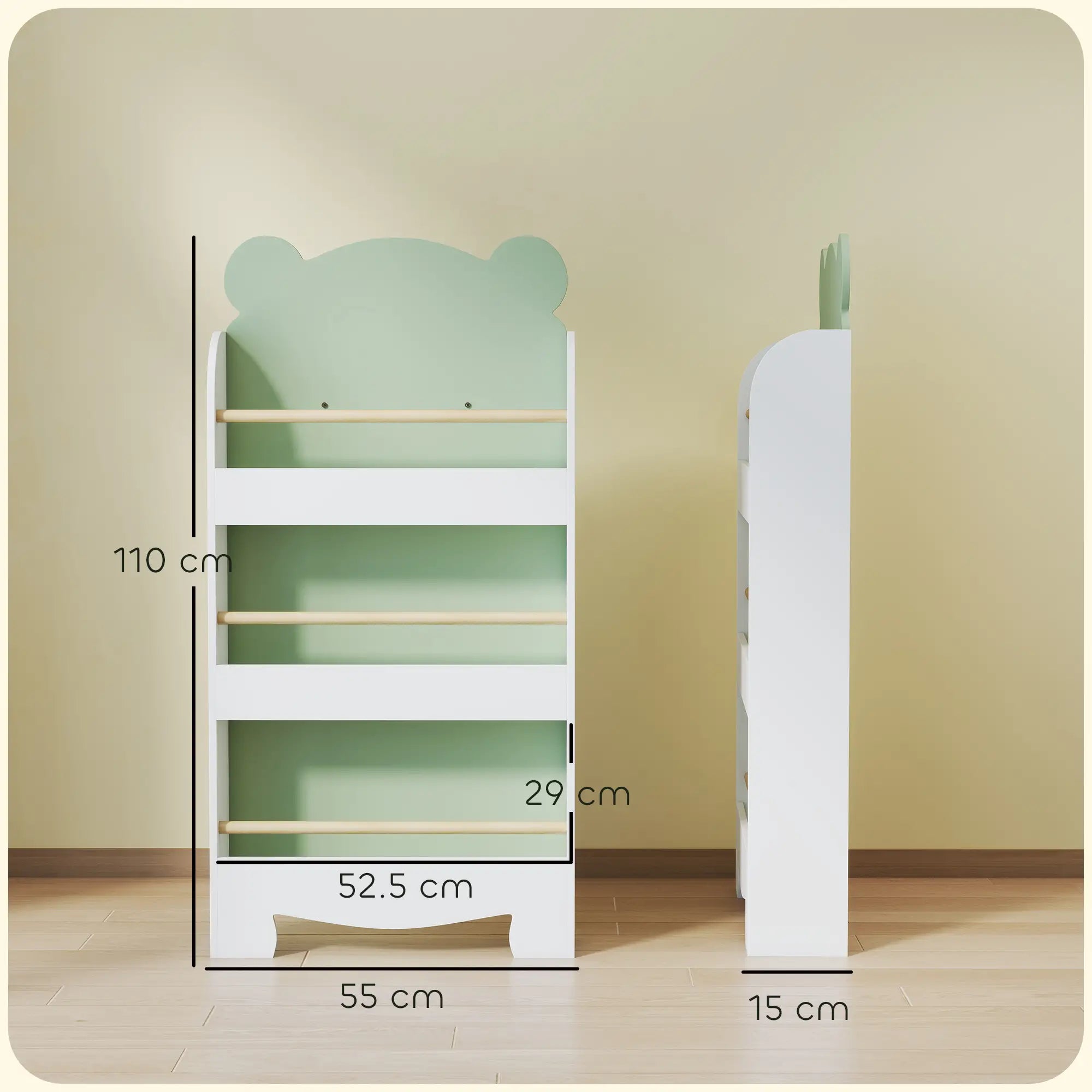Zöld maci könyvespolc – 3 polccal (55 x 15 x 110 cm)